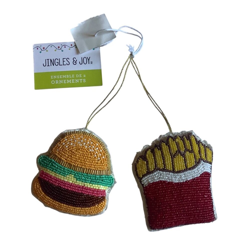 Jingles & Joy Beaded Burger & Fries Ornaments Set Of 2 NEW NWT